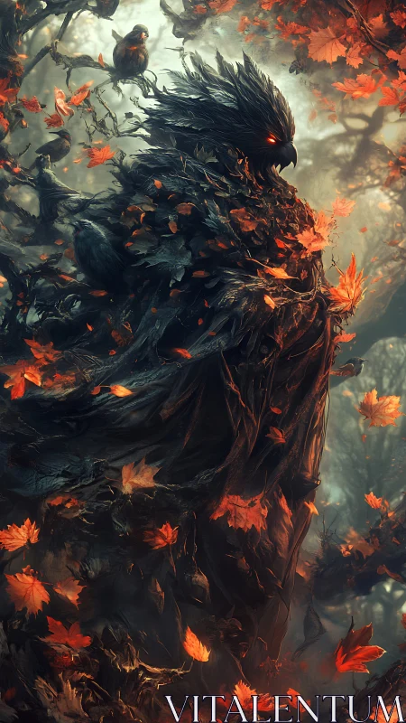 Autumn forest guardian of embers rises amid swirling leaves