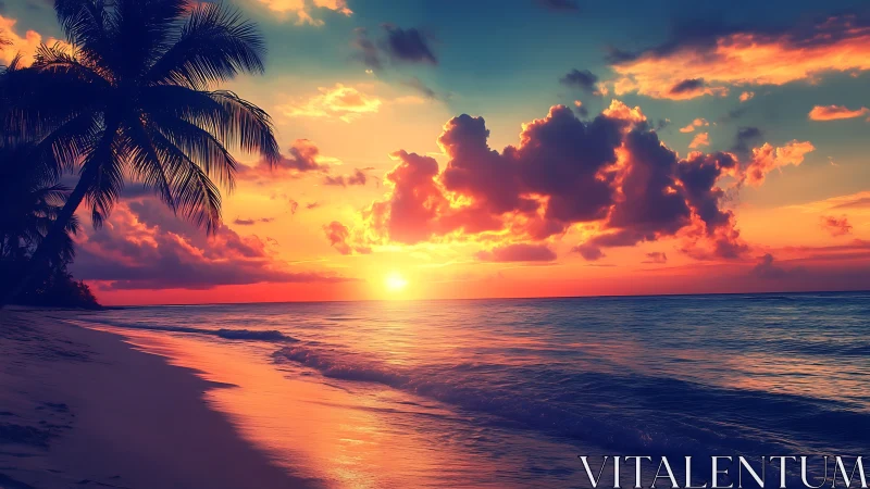 Tropical shoreline at sunset with palm silhouette and clouds.