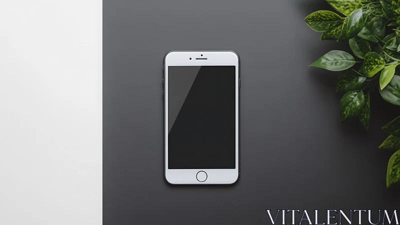 Modern White Smartphone on Gray Surface with Greenery.