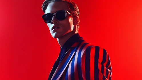 Stylish figure in bold stripes against glowing red light.