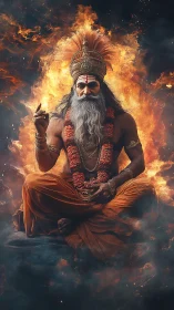 Seated robed sage figure before intense fiery backdrop.