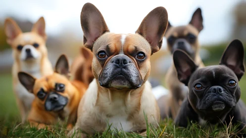 French bulldogs grouped on grass in shallow focus field.