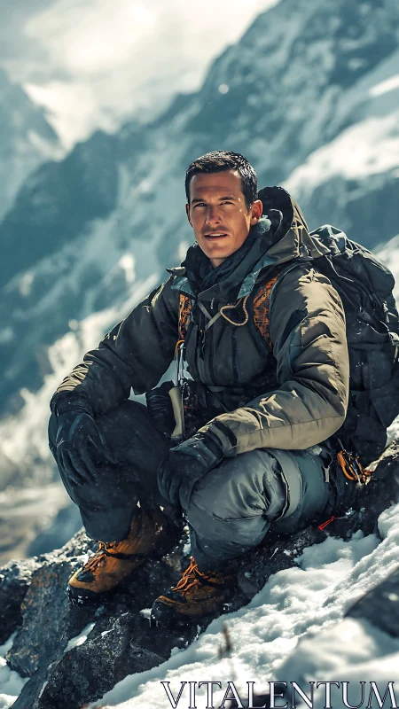 Male mountaineer resting on snowy rocky mountain slope.