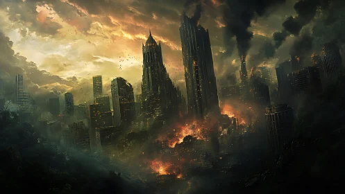 Skyscraper graveyard aglow in ember-choked twilight storm.