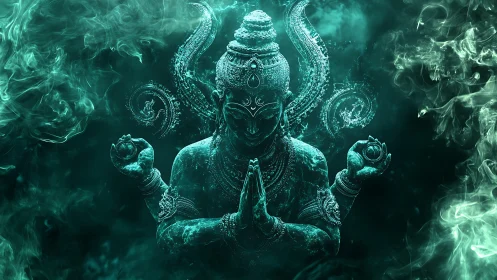 Serene teal deity in swirling cosmic mist invites reflection.
