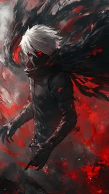 White haired figure with red eyes in swirling dark field.