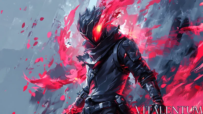 Hooded figure with red energy in abstract digital scene.