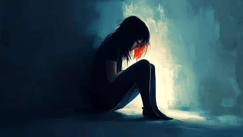 Solitary ember girl curled in a tunnel of quiet blue light.