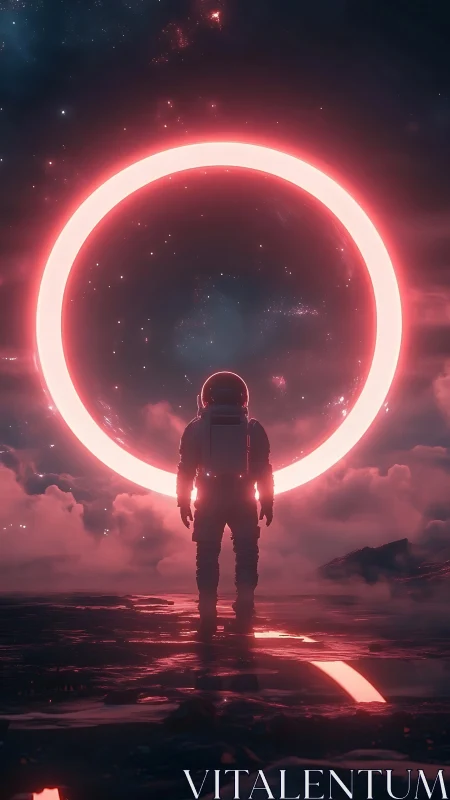 Backlit astronaut observes luminous red portal amid nebular sky