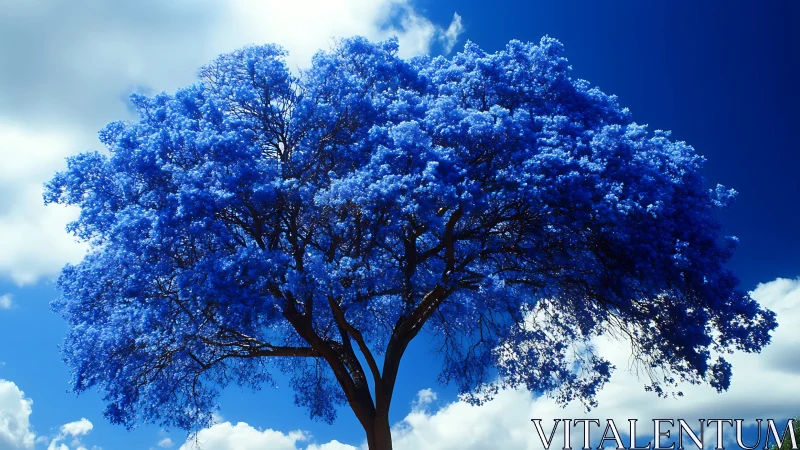 Majestic tree with vibrant blue leaves under clear sky, digital art.
