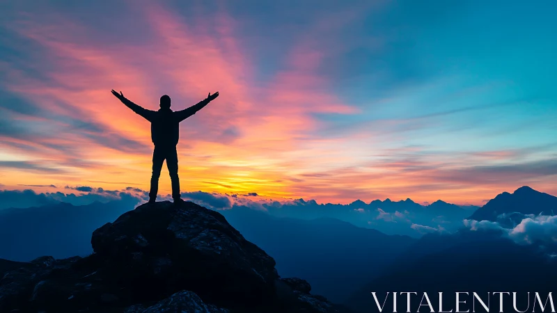 Silhouette on mountain summit against multicolored sunset sky.