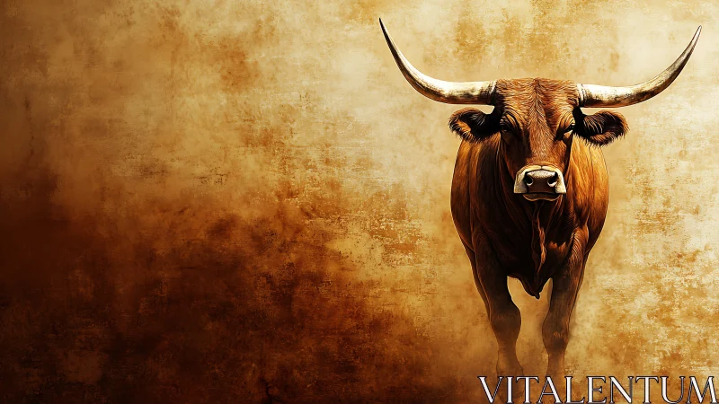 Longhorn bull stands centered against textured brown wall