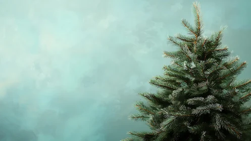 Gentle evergreen tree waits quietly against soft teal sky