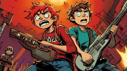 Rock-ready teens race through a glowing city at sunset.