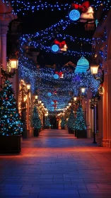 Festive city arcade glows with blue Christmas lights at night.