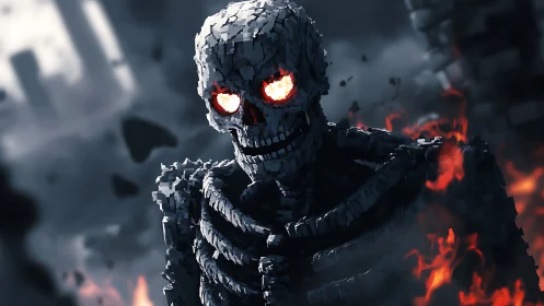 Volumetric-lit stone skeleton with emissive eyes in fiery ruins