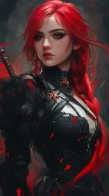 Crimson warrior muse in swirling embers and shadowed steel.
