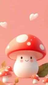Cute smiling red mushroom character on pastel pink background.