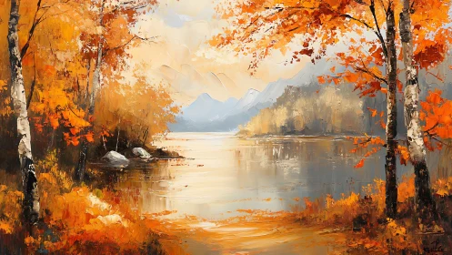 Autumn birch trees whisper quietly around a silver mountain lake