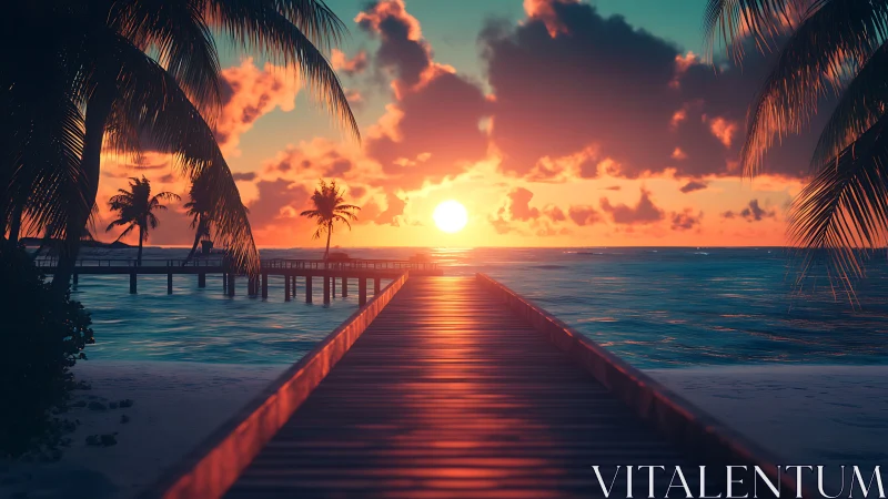 Glowing tropical boardwalk welcomes sunset over calm ocean