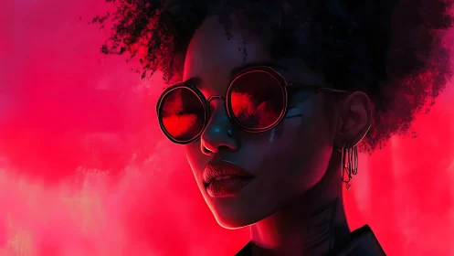 Profile portrait of woman in red digital lighting environment.