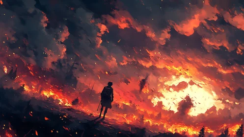 Solitary Figure Facing Apocalyptic Inferno.