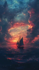Sailing ship cuts through fiery ocean sunset skyscape.