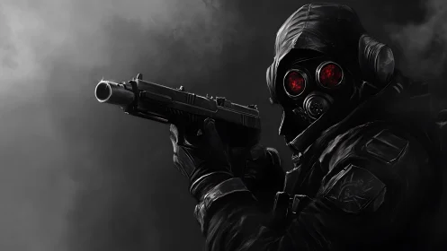 Hooded soldier in gas mask aims shotgun in smoky darkness