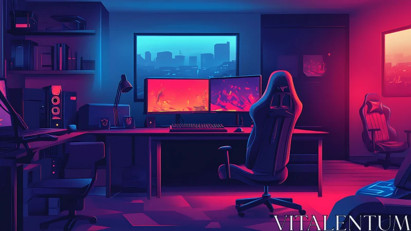 Cozy dual-screen gaming haven glowing in neon calm.