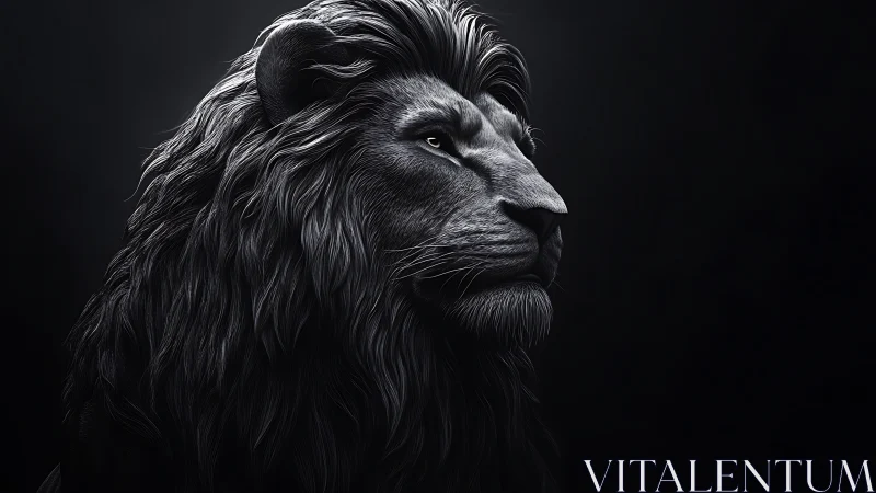 Side-profile lion render isolates detailed monochrome fur