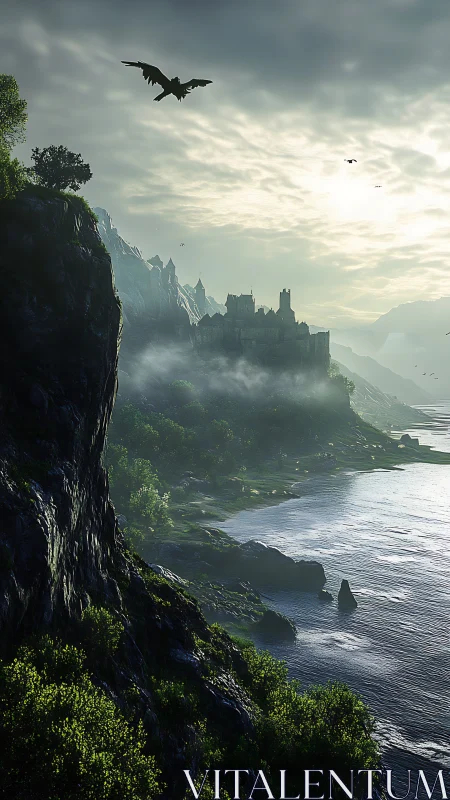 Majestic Castle Perched Above Misty Waters and Cliffs