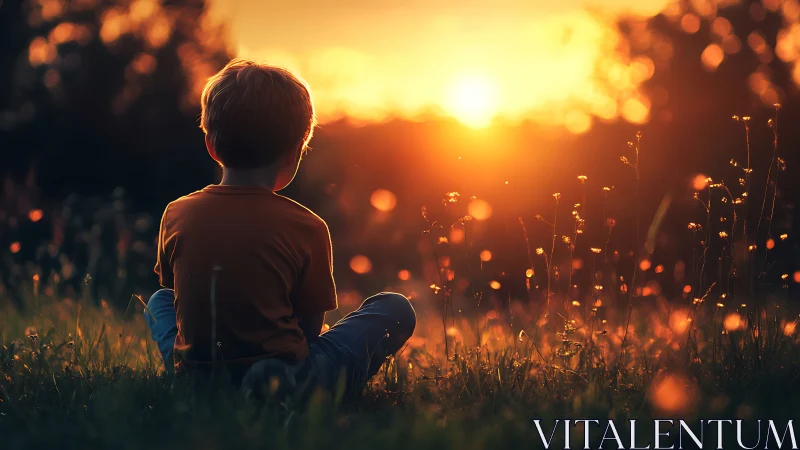 Child seated in grassy field observing sunset horizon.