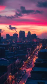 Urban street corridor under saturated dusk skyline.