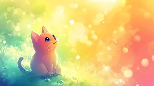 Gradient-rendered anthropomorphic feline character in luminous ethereal landscape