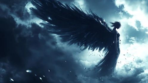 Storm-swept dark angel silhouette within luminous clouds.