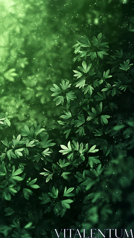 Emerald leaf canopy bathed in softly glowing forest stardust.
