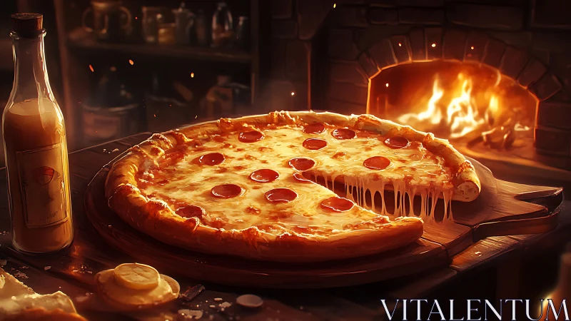Digital painting of wood-fired pepperoni pizza tableau.