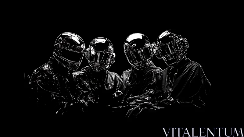 Chromed visored quartet in high-contrast cybernetic silhouette.