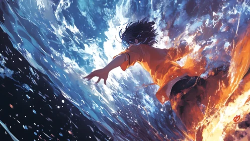 Youthful hero dives through stormy waves in blazing resolve