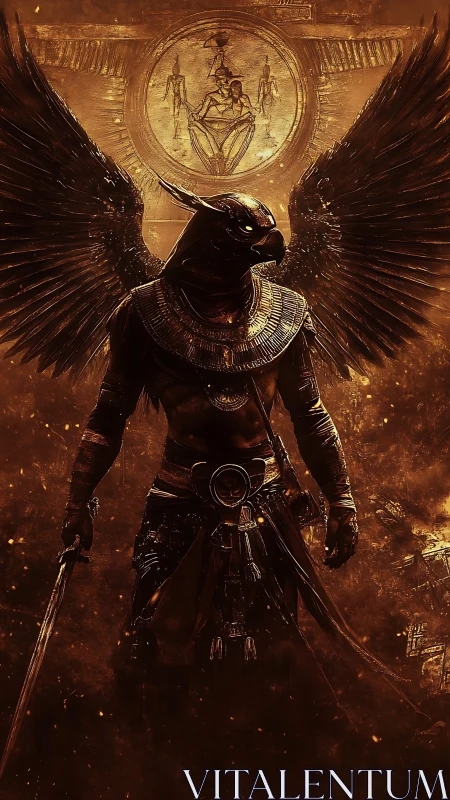 Winged humanoid hawk warrior before Egyptian relief.