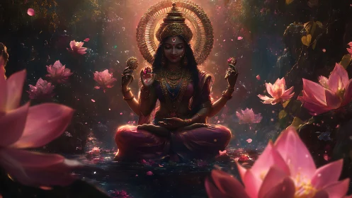 Seated multi-armed goddess figure amid glowing lotus pond.