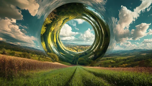 Surreal countryside vortex bends sky and rolling fields.