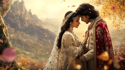 South Asian Wedding Couple in Period Attire Amid Mountain Landscape Setting