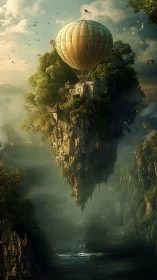Floating cliff island with balloon and misty river below.