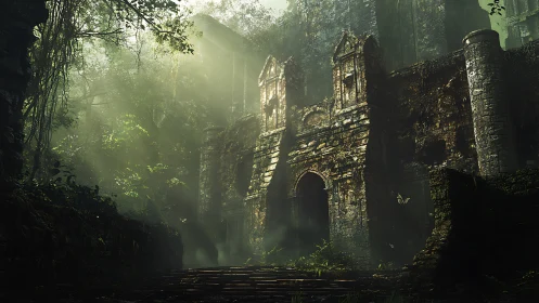 Sunlit jungle ruins inviting quiet, misty exploration.