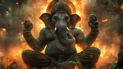 Radiant elephant deity sits calm and strong amid swirling fire