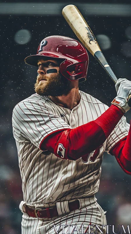 Bearded slugger waits in rainlit tension, bat poised high.