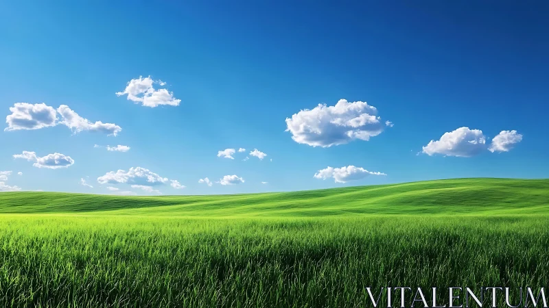 Peaceful green hills under a bright, cloud-brushed sky.