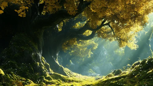 Ancient tree with golden foliage creates luminous forest canopy.