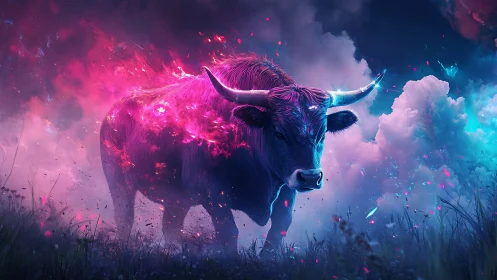 Neon bull charges through bioluminescent storm field.